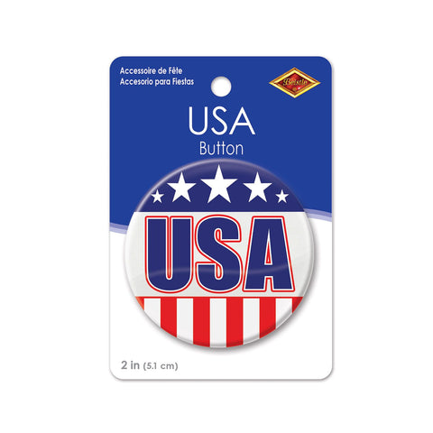 Retail packaging for USA Party Button 2 inch patriotic pin accessory