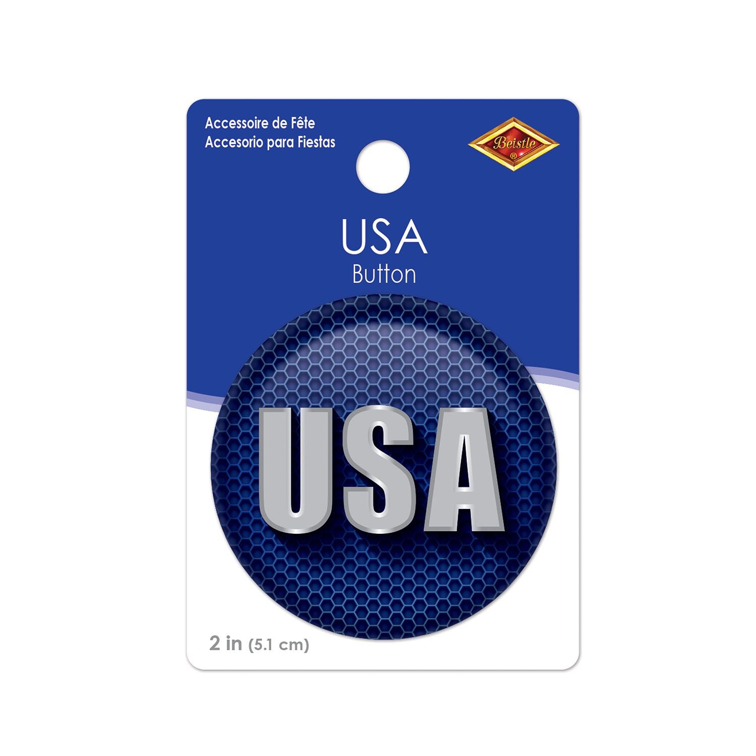 Retail packaging for USA Button 2 inch patriotic pin