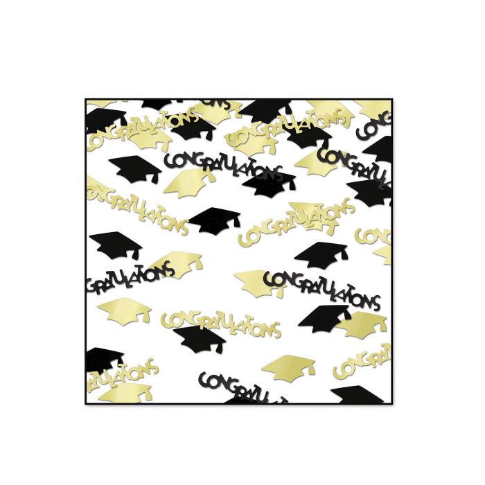 Graduation confetti with gold and black caps and congratulations pieces used for graduation party decorations in Manahawkin NJ