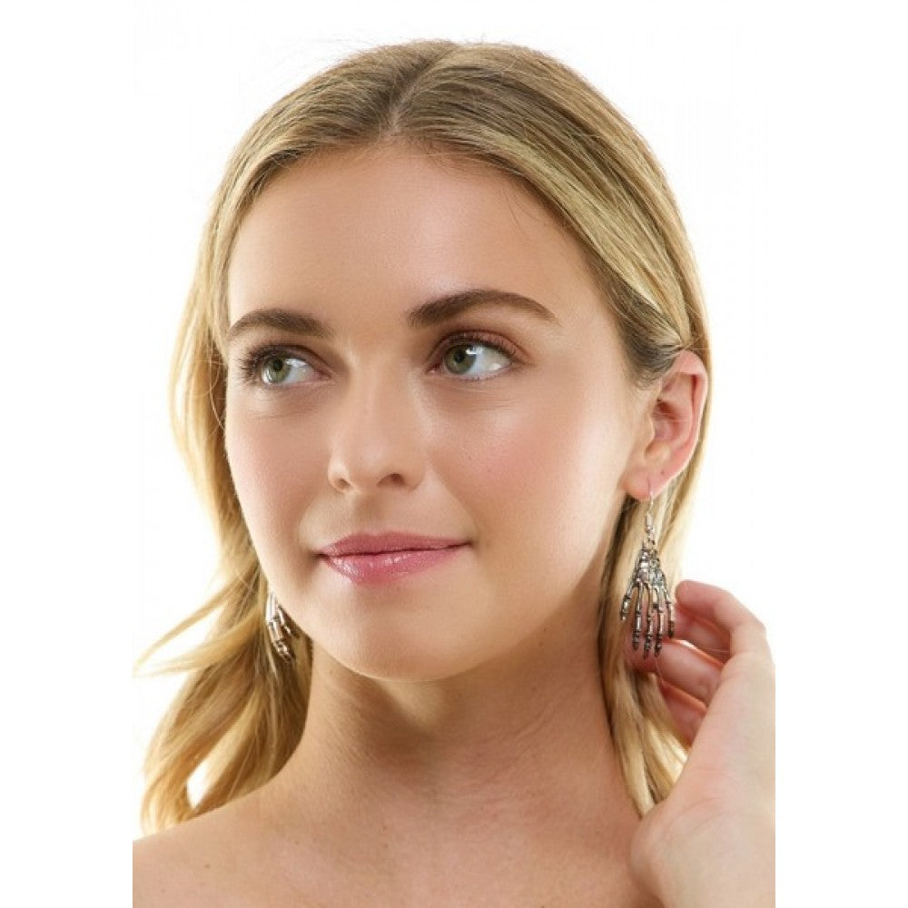 Skeleton Hand Earrings in Manahawkin, NJ at Party Fair, showing silver-tone skeleton hand dangle earrings with a spooky Halloween design