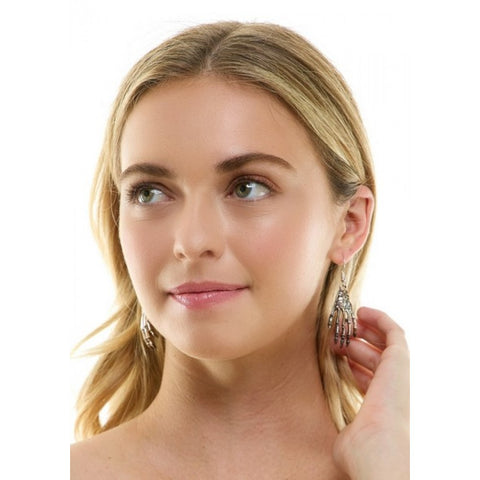 Skeleton Hand Earrings in Manahawkin, NJ at Party Fair, showing silver-tone skeleton hand dangle earrings with a spooky Halloween design