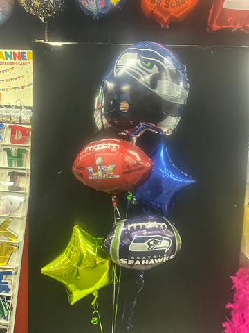 Super Bowl LX Seattle Seahawks Mylar balloon bouquet with football and star balloons for party decorations in Manahawkin, NJ