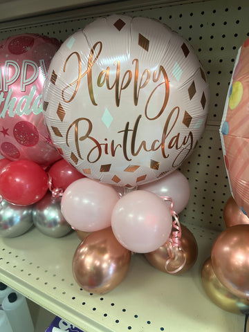 Rose gold birthday Mylar air centerpiece balloon decoration for birthday parties available in Manahawkin, NJ