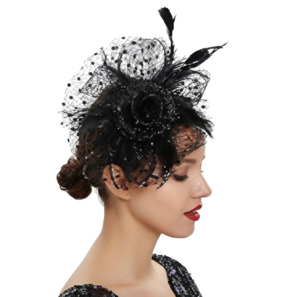 Black Fascinator in Manahawkin, NJ at Party Fair, featuring a glittery black rose, decorative mesh, gems, and sparkling accents