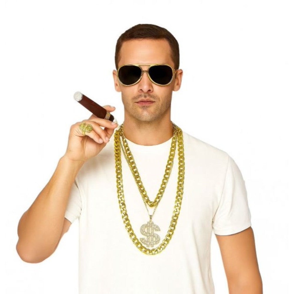 Gangster Bling Costume Accessory Kit in Manahawkin, NJ at Party Fair, featuring statement glasses, necklace, novelty cigar, and rings