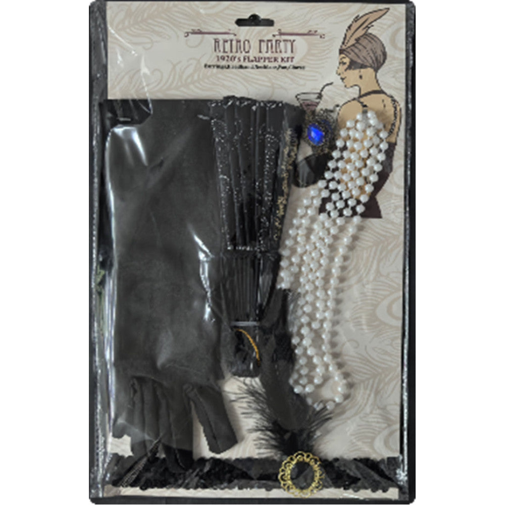 Black Flapper Costume Accessory Kit with Fan in Manahawkin, NJ at Party Fair, featuring a headband, earrings, necklace, fan, and gloves