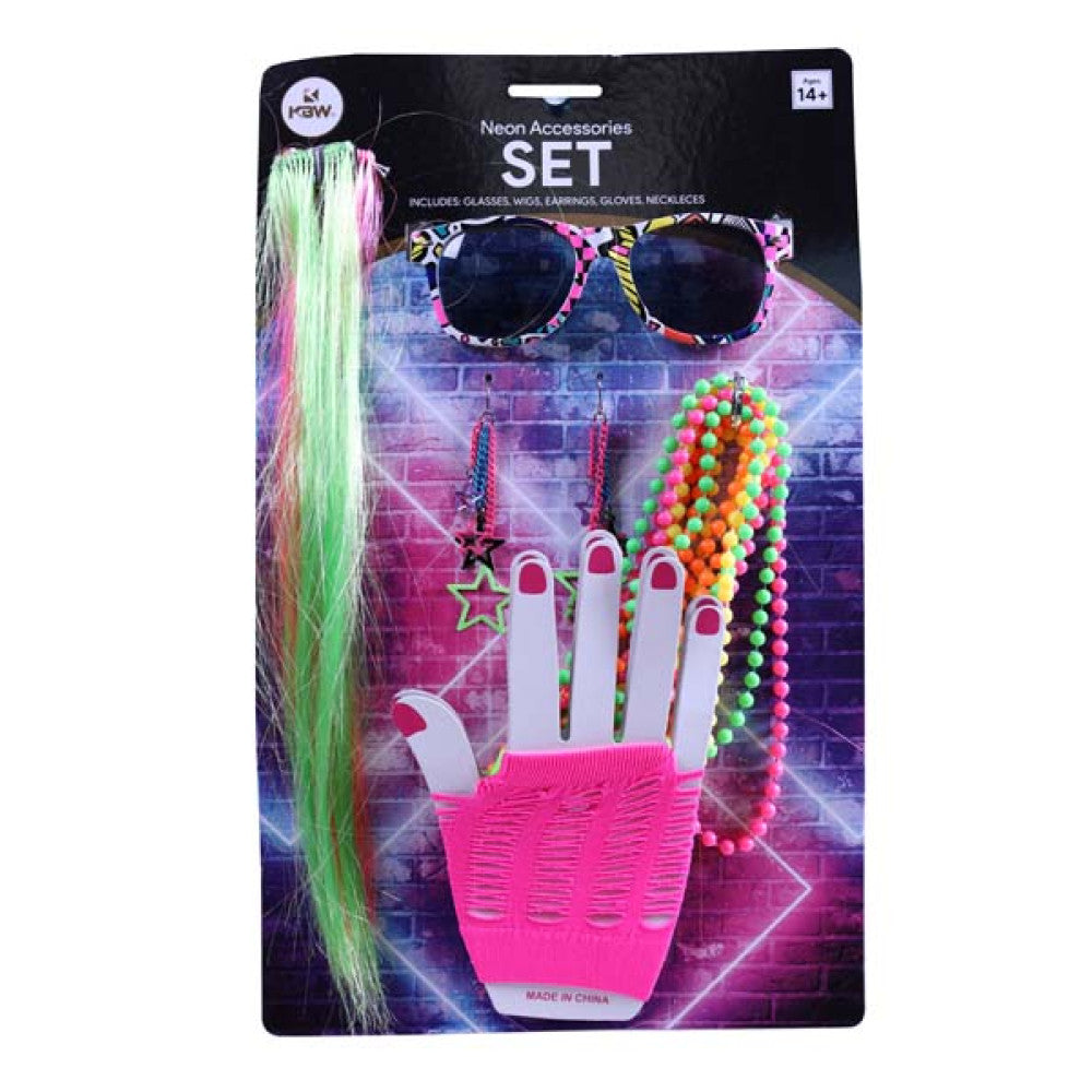 Neon Party Costume Kit displayed in retail packaging with the multicolor hair piece, glasses, earrings, glove, and necklace shown together