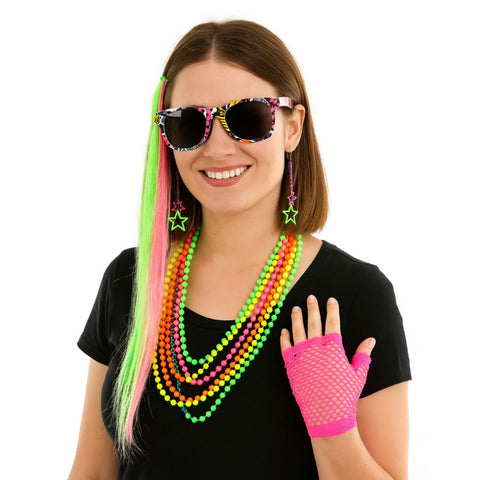 Neon Party Costume Kit in Manahawkin, NJ at Party Fair, featuring a multicolor neon hair piece, glasses, earrings, glove, and necklace