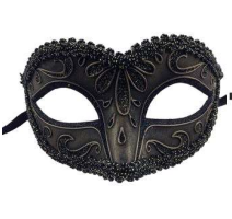 Brown patina Venetian Masquerade Mask in Manahawkin, NJ at Party Fair, shown close up with elegant scrollwork and decorative beaded trim