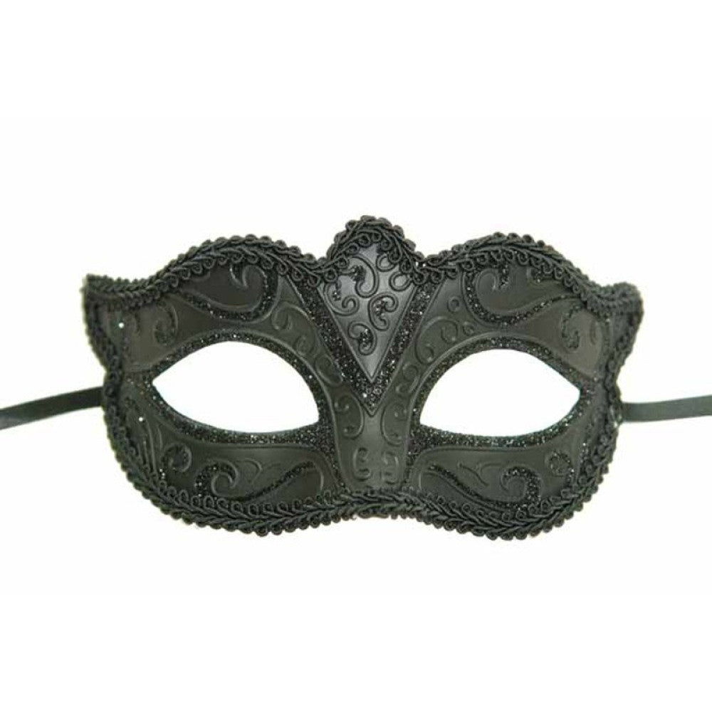 Black Elegant Masquerade Mask in Manahawkin, NJ at Party Fair featuring ornate scrollwork, glitter accents, and a regal center crest