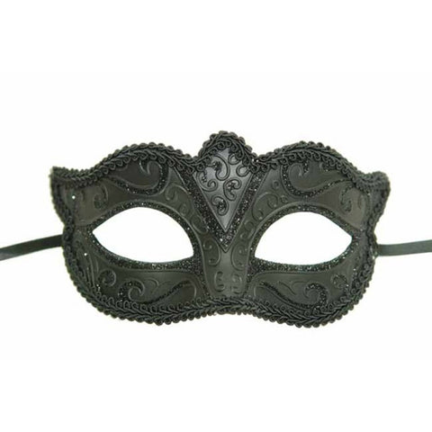 Black Elegant Masquerade Mask in Manahawkin, NJ at Party Fair featuring ornate scrollwork, glitter accents, and a regal center crest