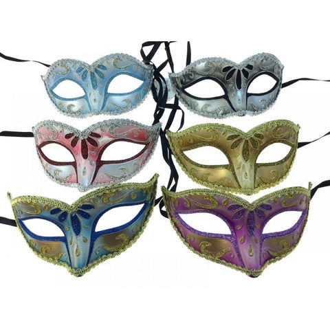 Glitter Venetian Half Face Mask in Manahawkin, NJ at Party Fair displayed in the assorted vibrant colors available for a festive masquerade look