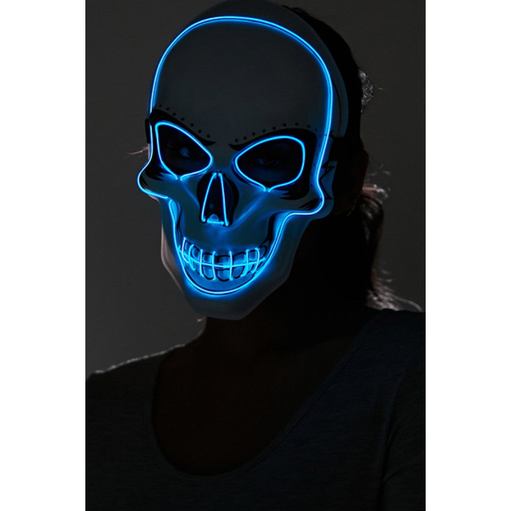 Light-Up Neon Skull Mask featuring bright LED skull outlines in vivid neon blue.