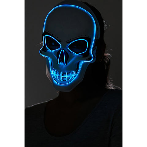 Light-Up Neon Skull Mask featuring bright LED skull outlines in vivid neon blue.