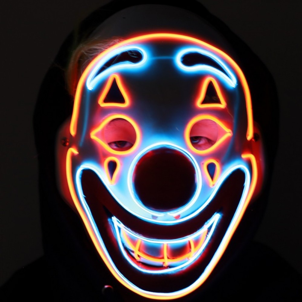ight-Up Happy Clown Mask displaying bright neon Blue and Orange Happy Clown facial outlines in Manahawkin, NJ at Party Fair