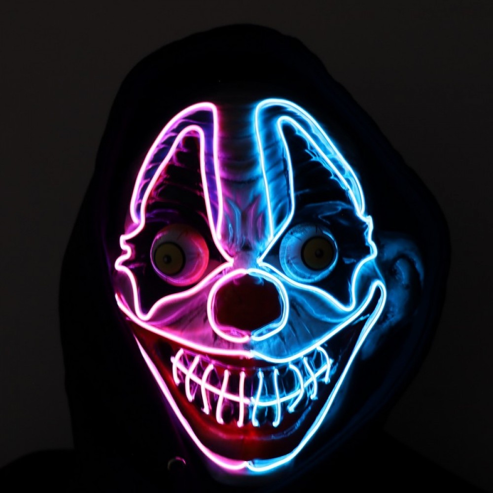 Light-Up Neon Evil Clown Mask displaying its glowing facial outlines in a vibrant neon blue and pink.