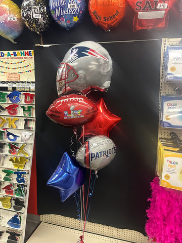 Super Bowl LX New England Patriots Mylar balloon bouquet for party décor in Manahawkin, NJ featuring Patriots helmet, football, and star balloons