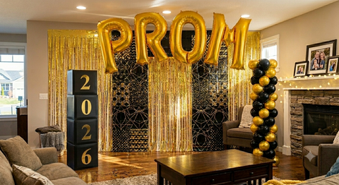 Prom event decorating bundle with coordinated black and gold party décor designed for junior prom and senior prom celebrations