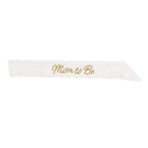 Mom To Be White Lace Sash – 28½" x 4" Baby Shower Accessory for Mom-to-Be