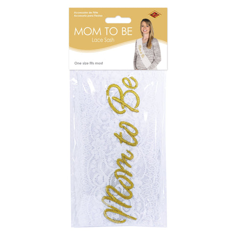 Mom To Be White Lace Sash – 28½" x 4" Baby Shower Accessory for Mom-to-Be