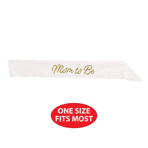 Mom To Be White Lace Sash – 28½" x 4" Baby Shower Accessory for Mom-to-Be