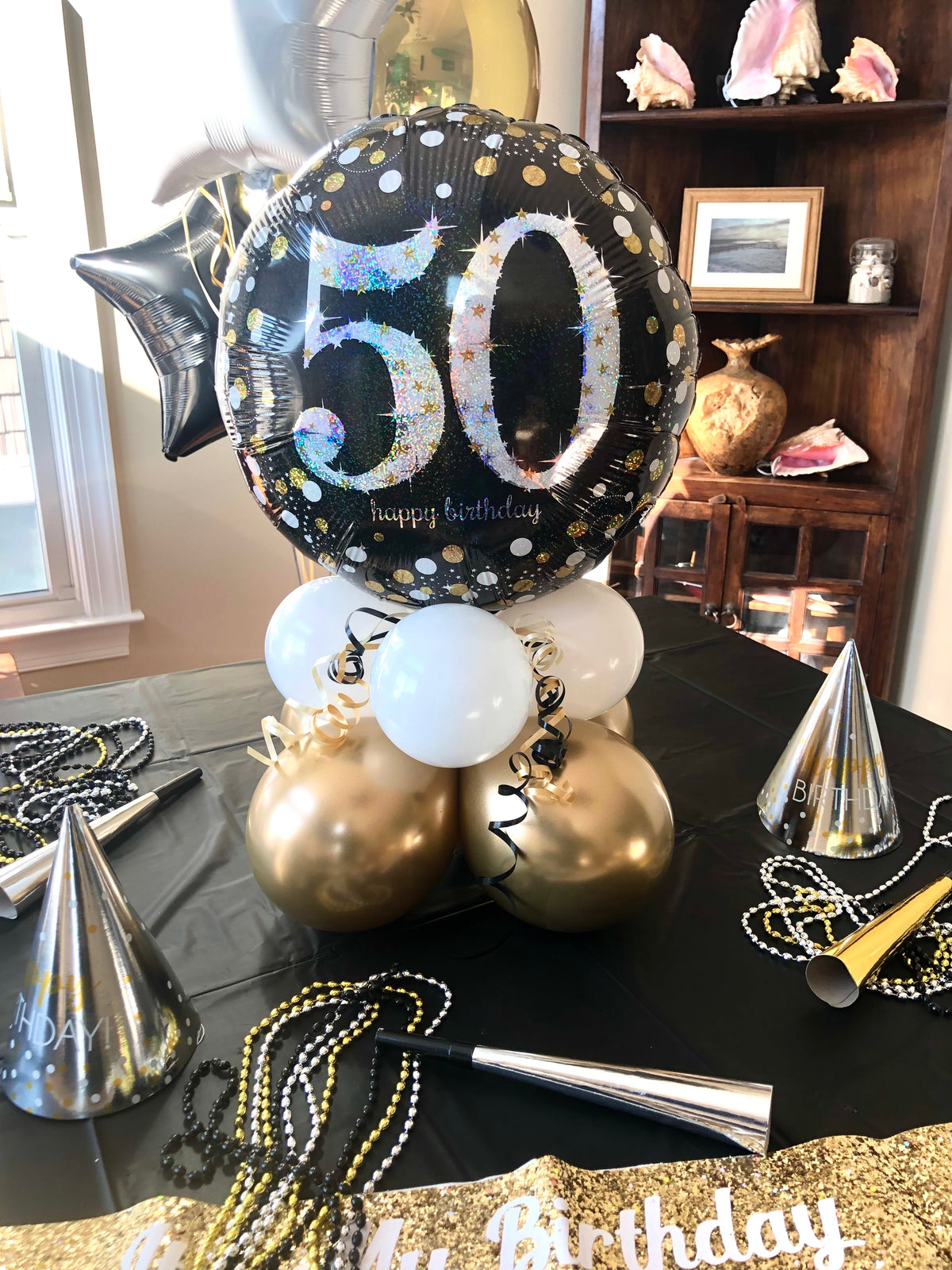 50th Birthday Black & Gold Mylar Air-Filled Centerpiece Balloon