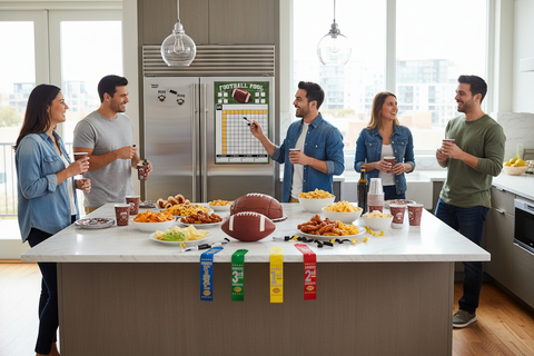 Superbowl watch party fillling in  football pool board with award ribbons available at Party Fair in Manahawkin Nj