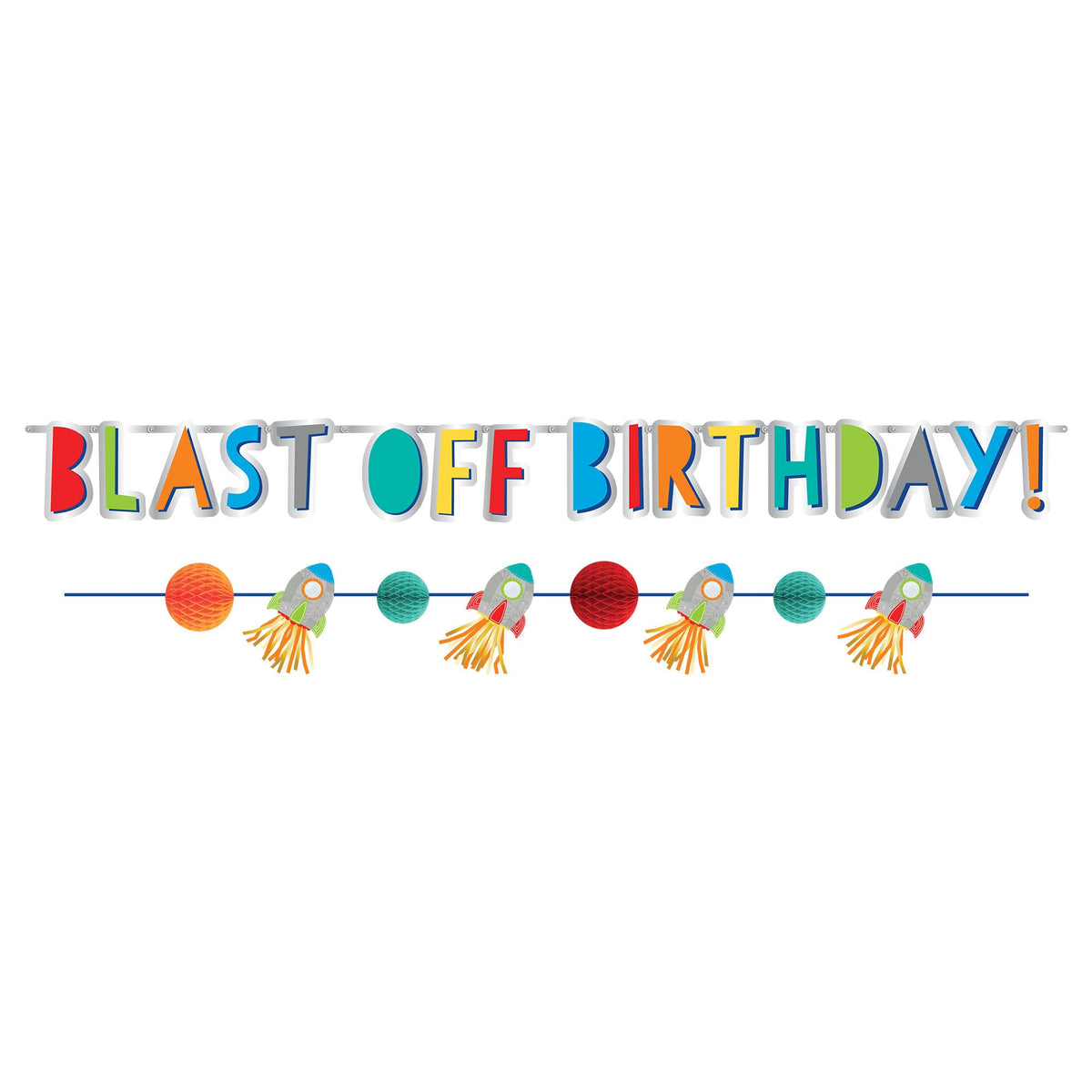 Blast Off Birthday 2pc Banner Kit 1 banner 5' with, 6 9/16" Letters, 1 banner 5 3/4', with 6 1/2" Cutouts,