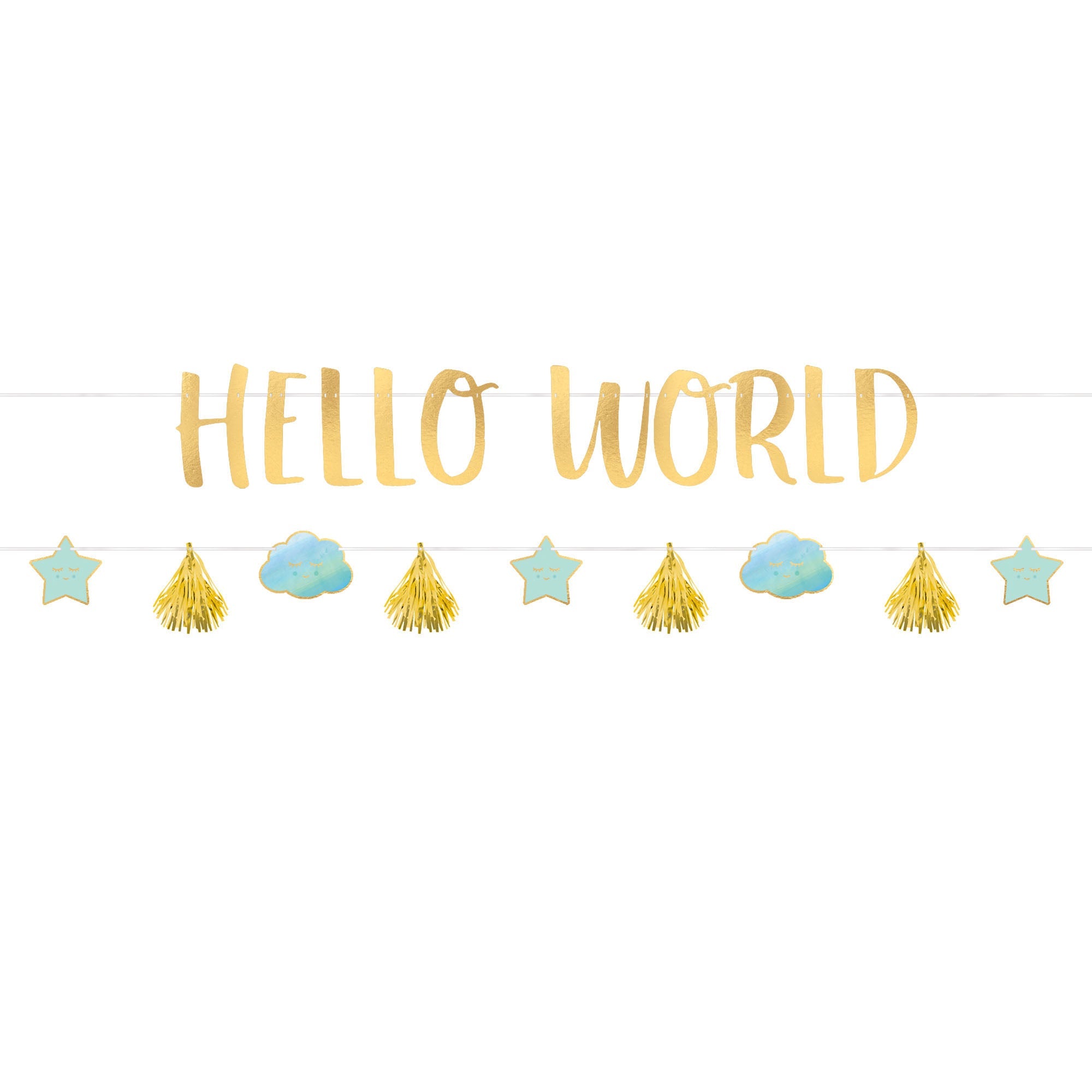 Oh Baby Boy "Hello World"  2pc Letter Banner kit 1 Banner, 5 4/5' x 7", 1 Banner, 5 4/5' x 4 1/2"