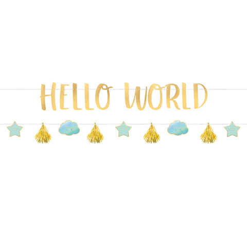Oh Baby Boy "Hello World"  2pc Letter Banner kit 1 Banner, 5 4/5' x 7", 1 Banner, 5 4/5' x 4 1/2"