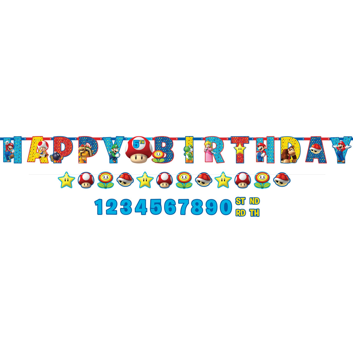 Super Mario Brothers Personalized Jumbo Letter Banner Kit with 1 "Happy (add age) birthday" Letter Banner:10 3/5' x 10" and 1 character cutouts  Smaller Banner: 6' x 5"