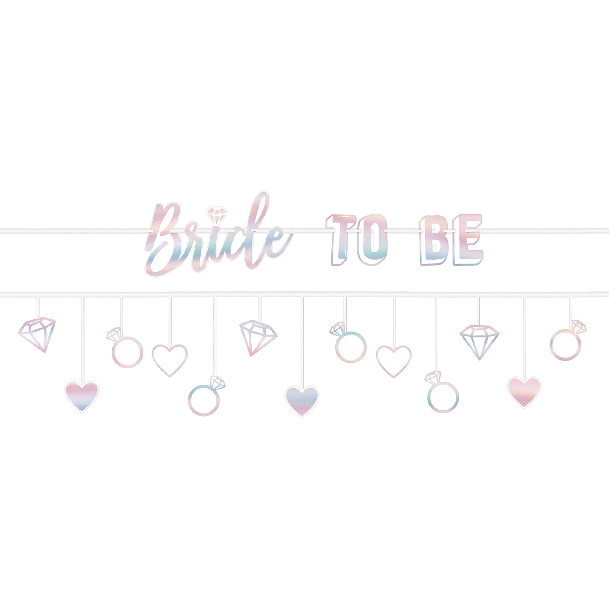 Bride To Be 2 pc Banner set 1 banner, 12' x 5 1/2" with caption "Bride to Be" and 1 banner with drop down rings,diamonds and hearts 12' x 1 1/2" - 2 1/2"