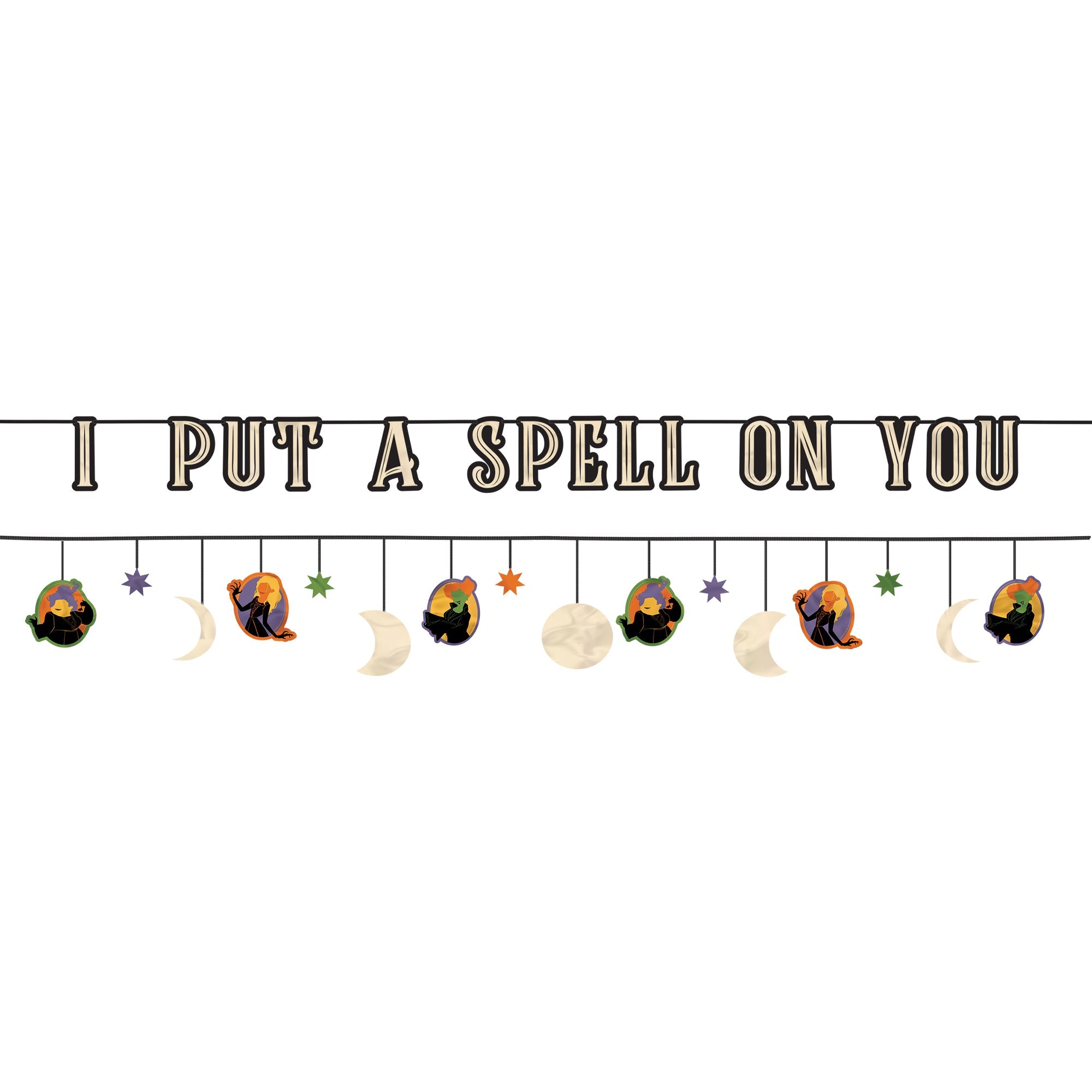 Hocus Pocus 2 Pack Banner set with 1 "I PUT A SPELL ON YOU" banner 12',  and 1 12' banner wit hdrop down cutouts