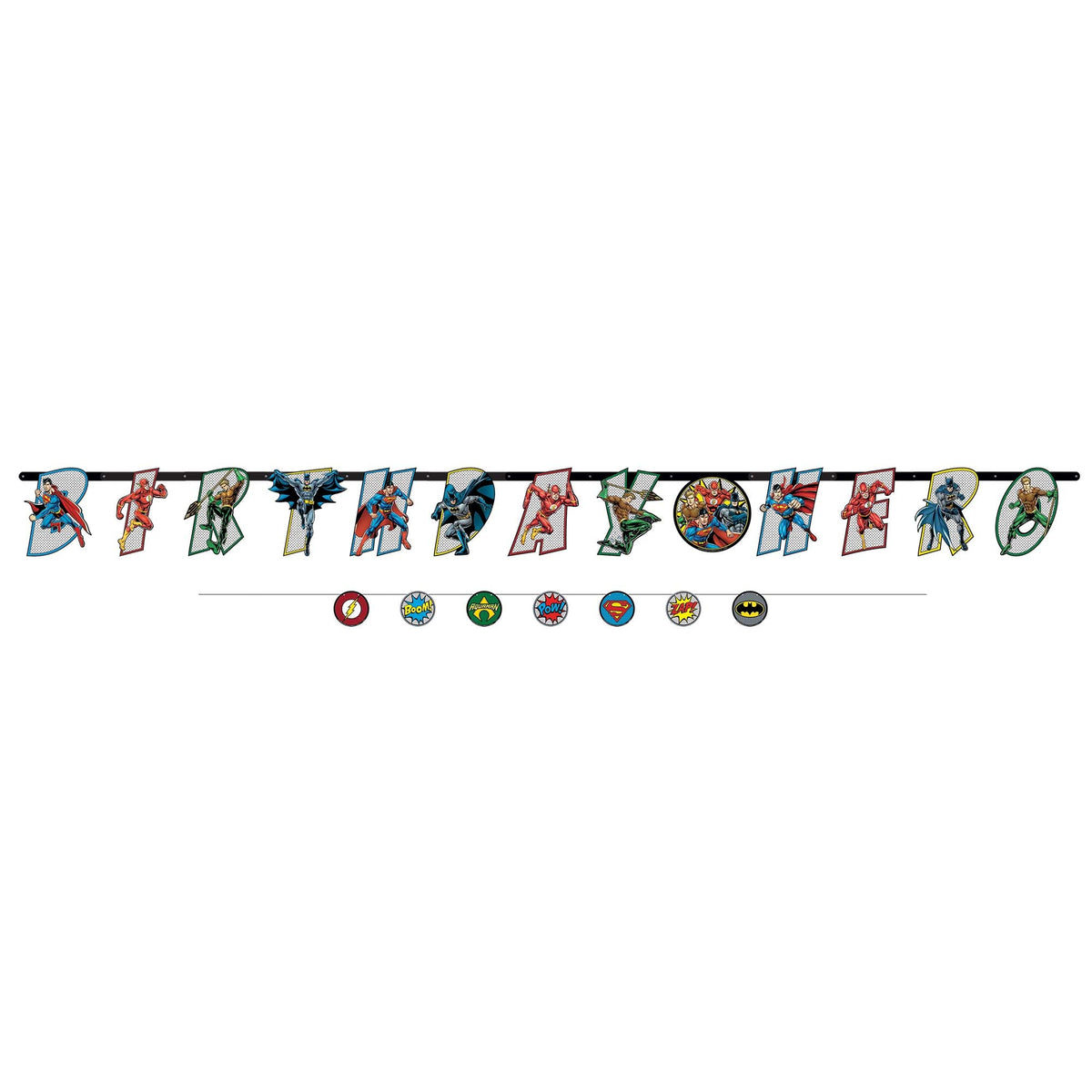 Justice League Heroes Unite Jumbo 2 pack Letter Banner Kit 1 Large "Birthday Hero" Letter Banner 5 3/4' L x 6 9/16"H and 1 Small cut out Banner: 5 3/4' L x 6 1/2" H