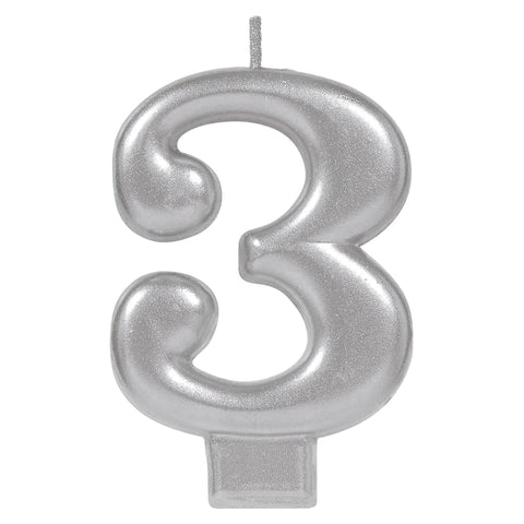 Birthday Candle Silver Metallic 3 1/4"  Number 3