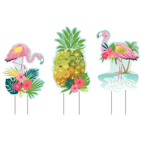 Summer 3 piece Flamingos and Pineapple  25" x 16" Lawn Stakes set