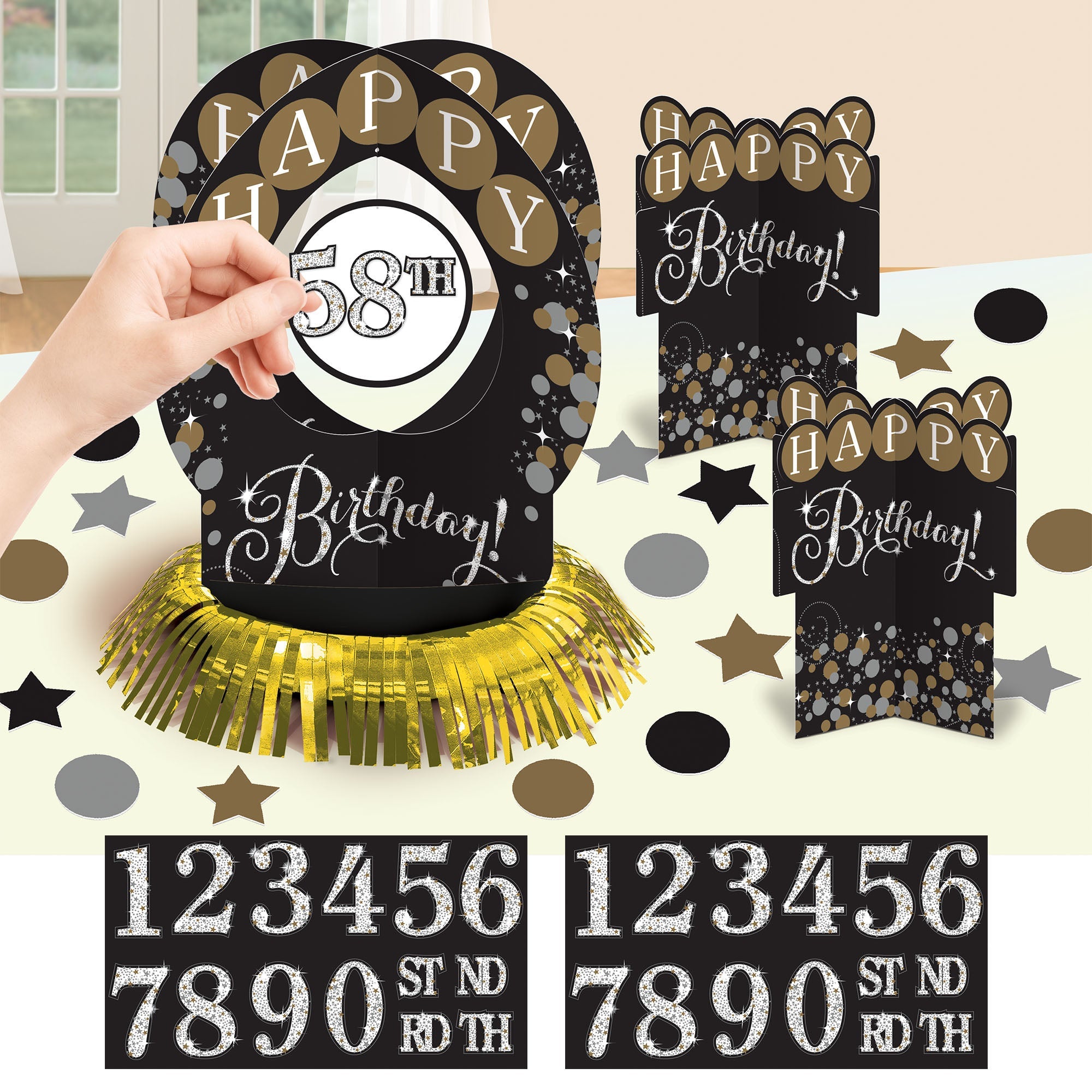 Sparkling Celebration 23 piece Add-Any-Age Table Decoration Kit w/ 28 customizing stickers,