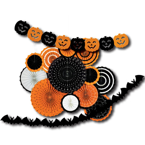 Classic Orange & Black14 piece Halloween Paper Fan Decorating Kit