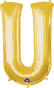 Gold Letter "U" Mylar Balloon 33 Inch with Balloon weight