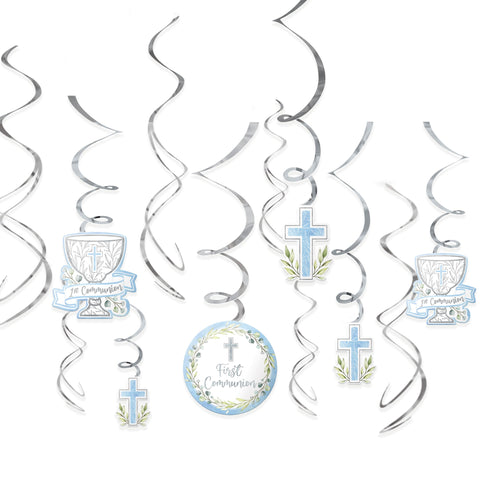 Blue Communion Spiral Decorations Package of 12