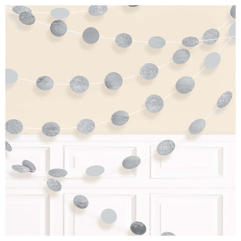 Silver Round Glitter 7' String Decorations Package of 6