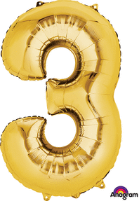 Gold Mylar #3 Number Balloons  34 Inch with Balloon weight